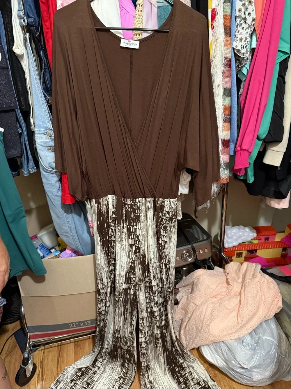 Brown Wrap-Style Maxi Dress with Abstract Cream Print